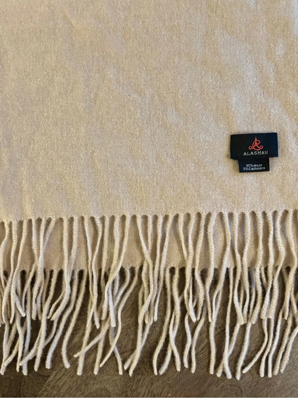 Alashan Tan Wool Cashmere Blend Unisex Fringed Scarf, 12 1/4” x 32-36”
